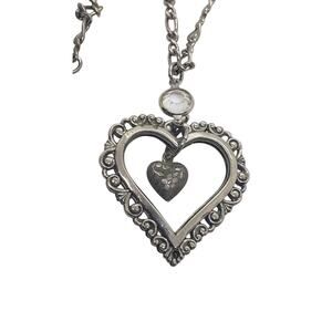 Vintage Puffy Heart Necklace Silver Filigree Ornate Openwork Swarovski Crystal